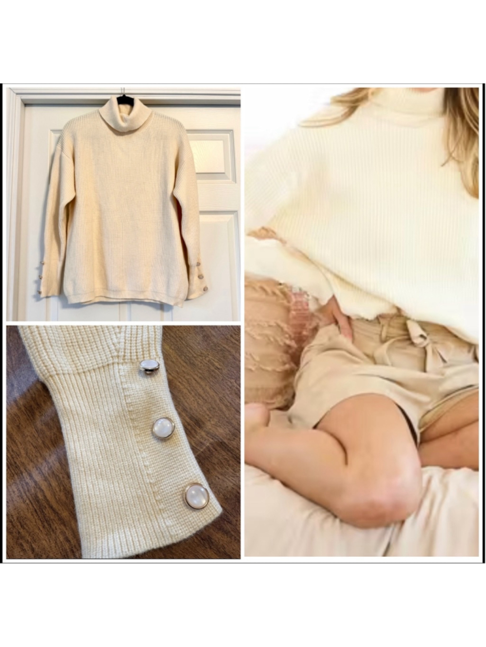 Vine & Love Chunky Knit Oversized Sweater Small Cream Pearl Button Sleeves